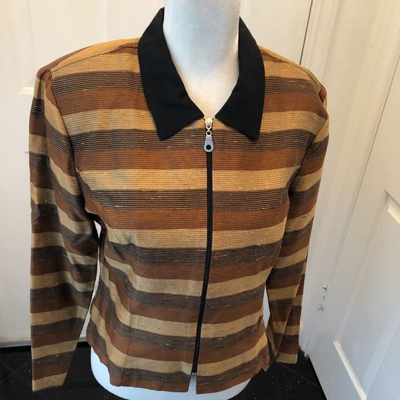Vintage 1990s Nina Piccalino Earth Tones Zip Front Striped Jacket Sz 10 - Picture 5 of 7